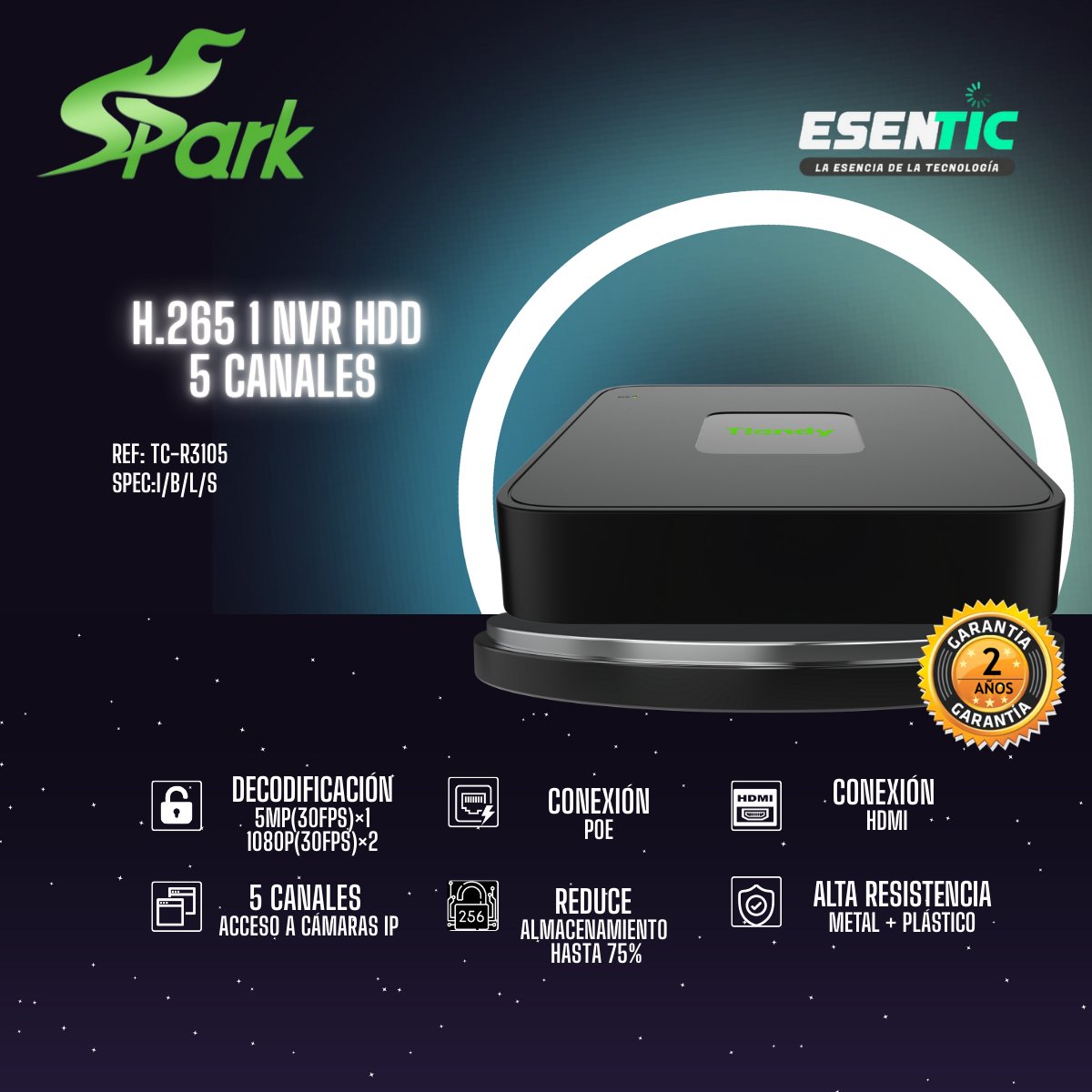 Nvr Tiandy 5 Canales H.265 Decodificador Ip Full Hd - Imagen 2