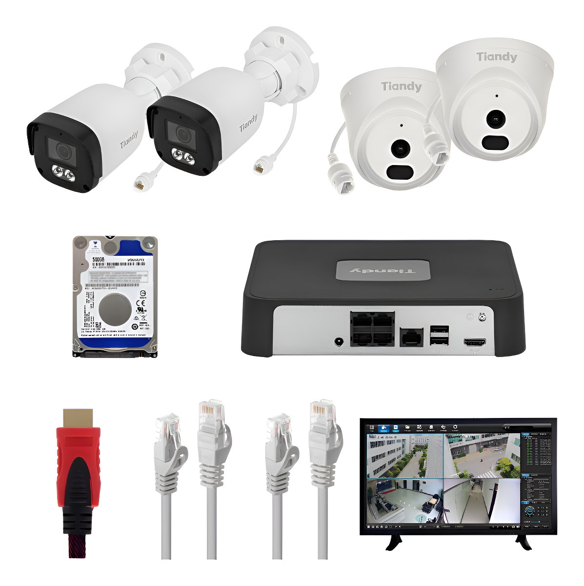 Kit Vigilancia Tiandy Ip 4 Camaras Poe 2mp Nvr Disco 500gb
