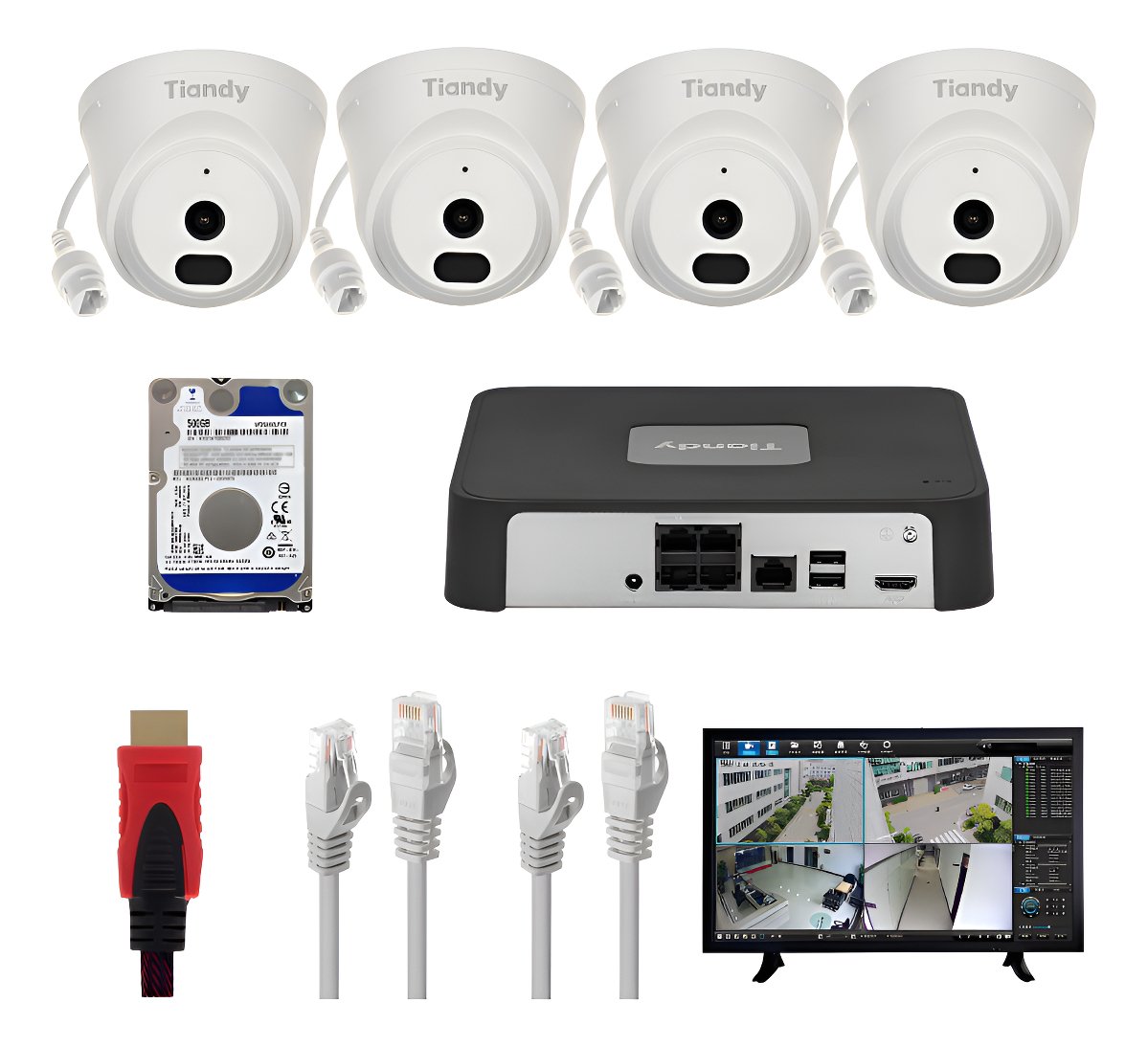 Kit De Vigilancia Tiandy Ak 4 Cámaras Ip 2mp Poe, Nvr, 500gb