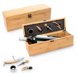 Cofre Bambú Sacacorchos Estuche Vino + 4 Piezas