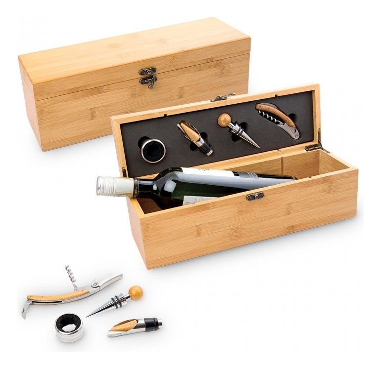 Cofre Bambú Sacacorchos Estuche Vino + 4 Piezas